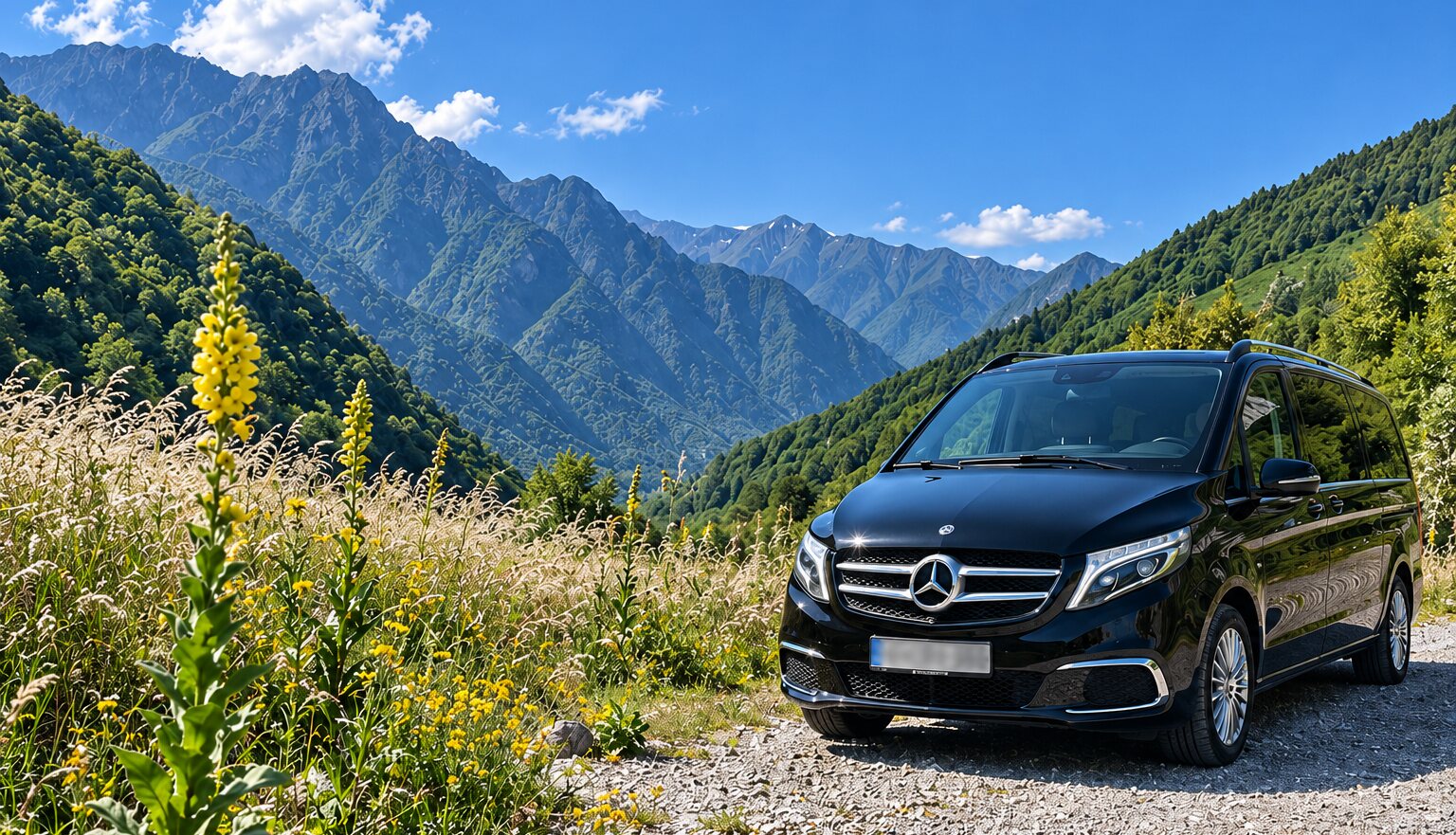 Чёрный минивэн Mercedes V-класса на обочине горной дороги, вокруг зелёные хребты Кавказа